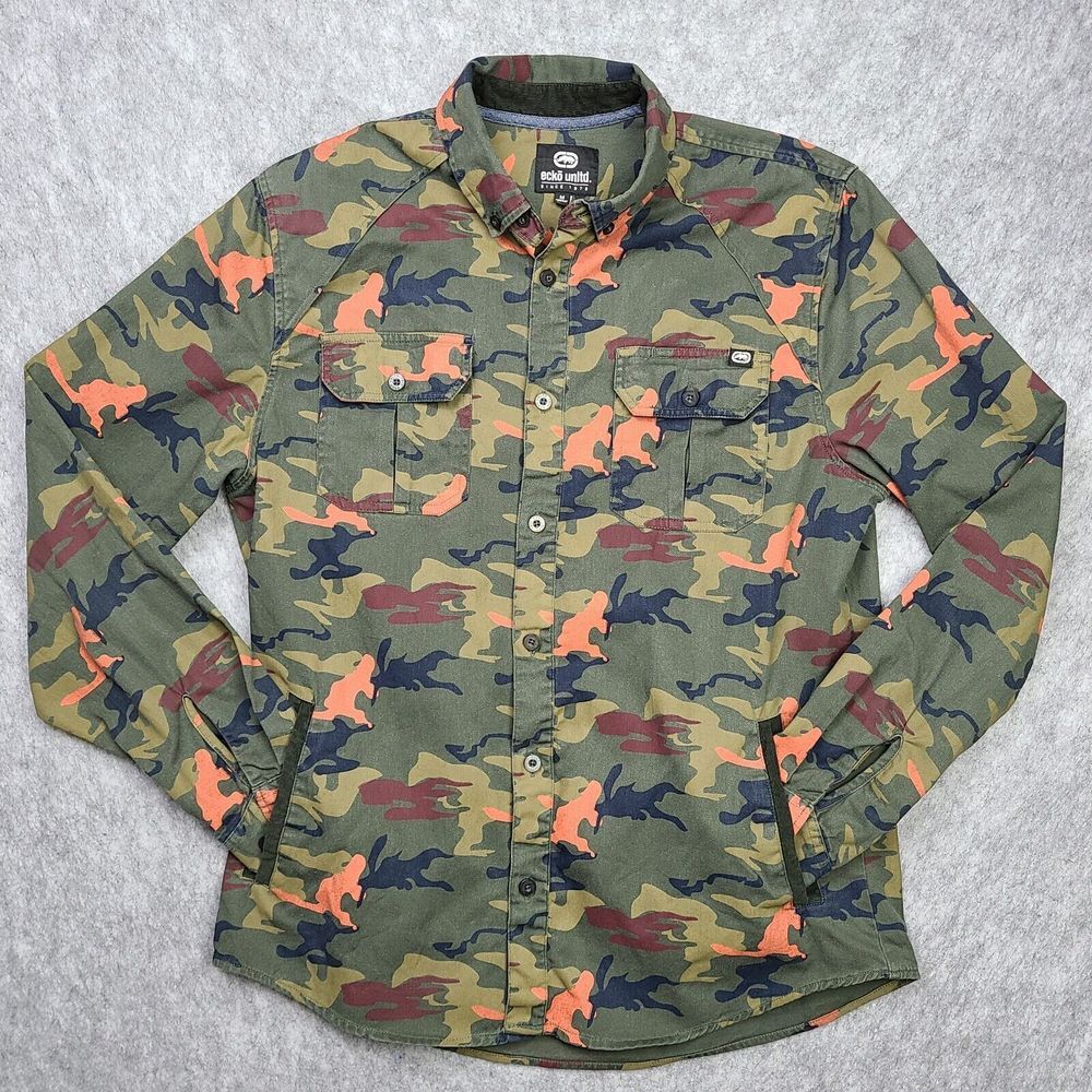 Ecko Unltd Shirt Mens Sz M Long Sleeve Camo‎ Hand Pockets Corduroy Lined Collar